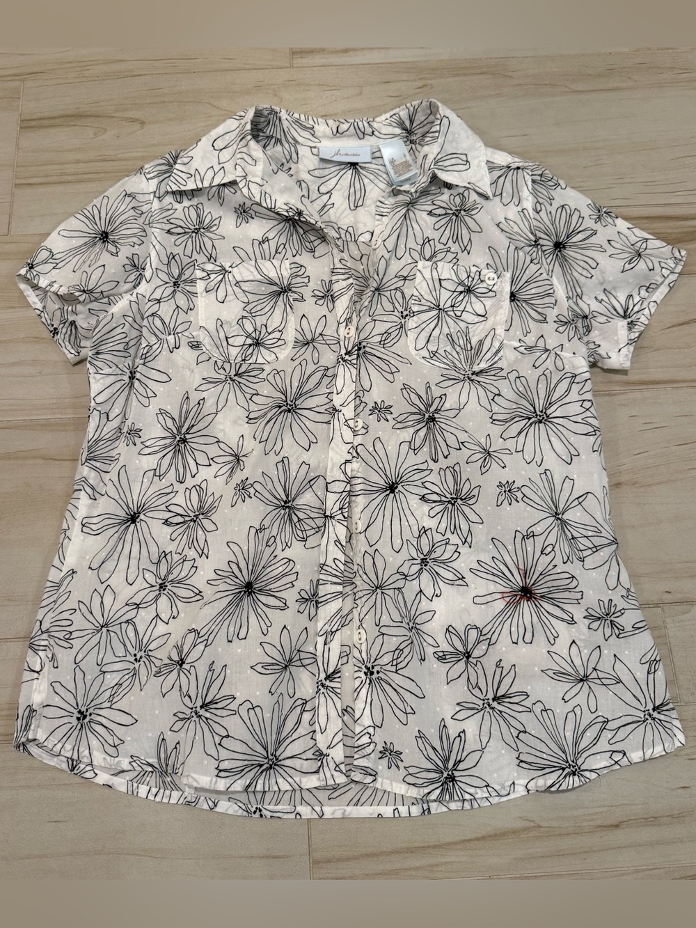 Black White Floral Print Button Down Shirt Cotton Blouse Size